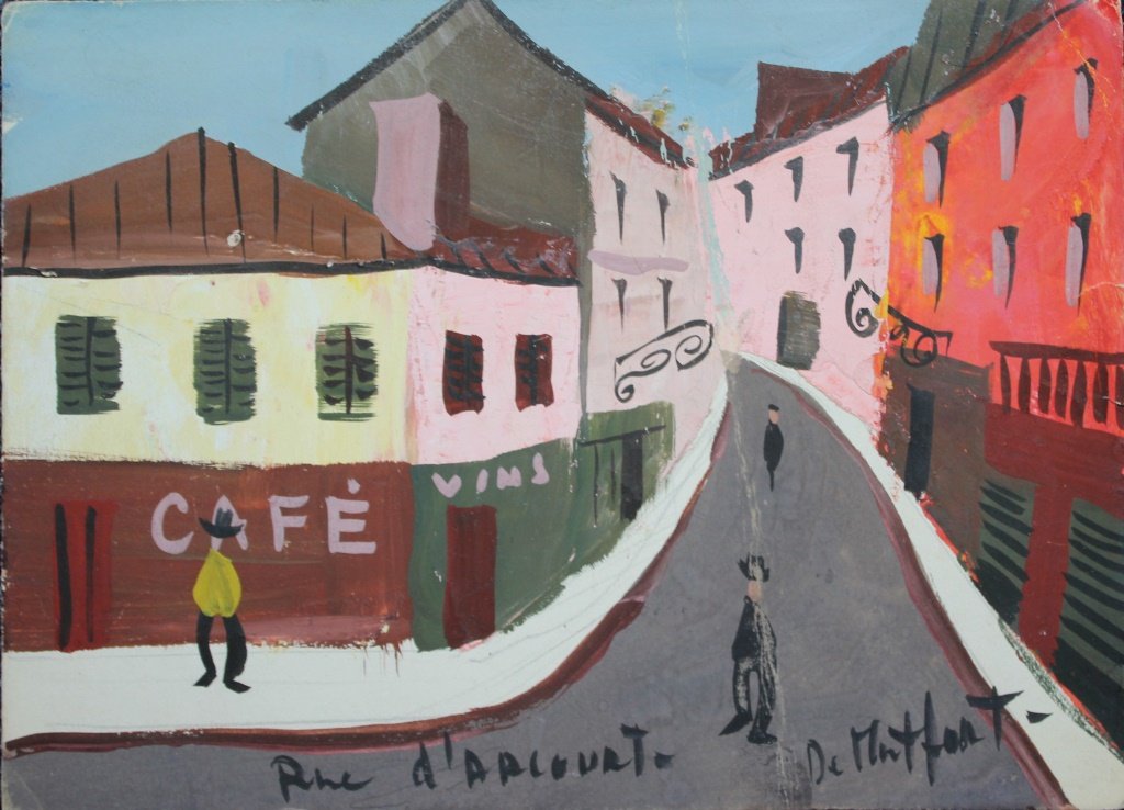 Charles De Montfort (born 1910): Rue d'Arcourt. Paris scene with buildings and people. Born 1910 in Agaccio Corsica. Studied at the Breaux Arts Academy and for three years with henry Matisse. Exhibited in in France nd Spain and recei