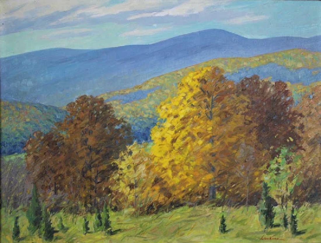 Anton Kamp: Anton Kamp (1898-1984/85). Glorious October". Colorful fall scene with trees and mountains. Stamp on back. Medium: Oil on Canvas. Size: 27" X 36". Signature: SLR