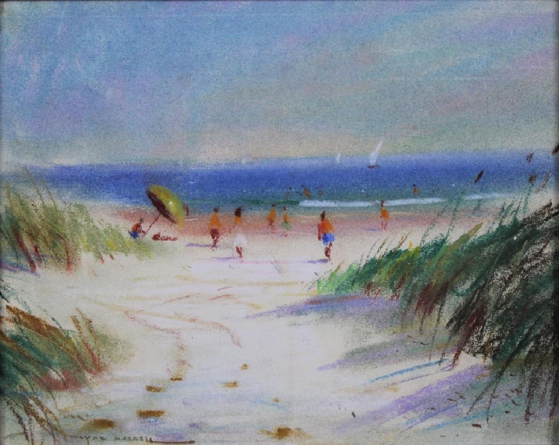 Wayne Morrell: Wayne Morrell (1923-2013). "Wingaersheek Beach". Beautiful beach scene with people and sand dunes. Medium: Pastel. Size: 7.25"x 9.25" . Signature: SLL