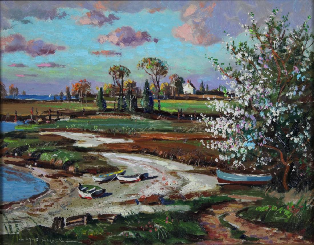 Wayne Morrell: Wayne Morrell (1923-2013). "Spring Day". Spring day in Essex Massachusetts. Medium: oil on board. Size: 11 X 14. Signature: