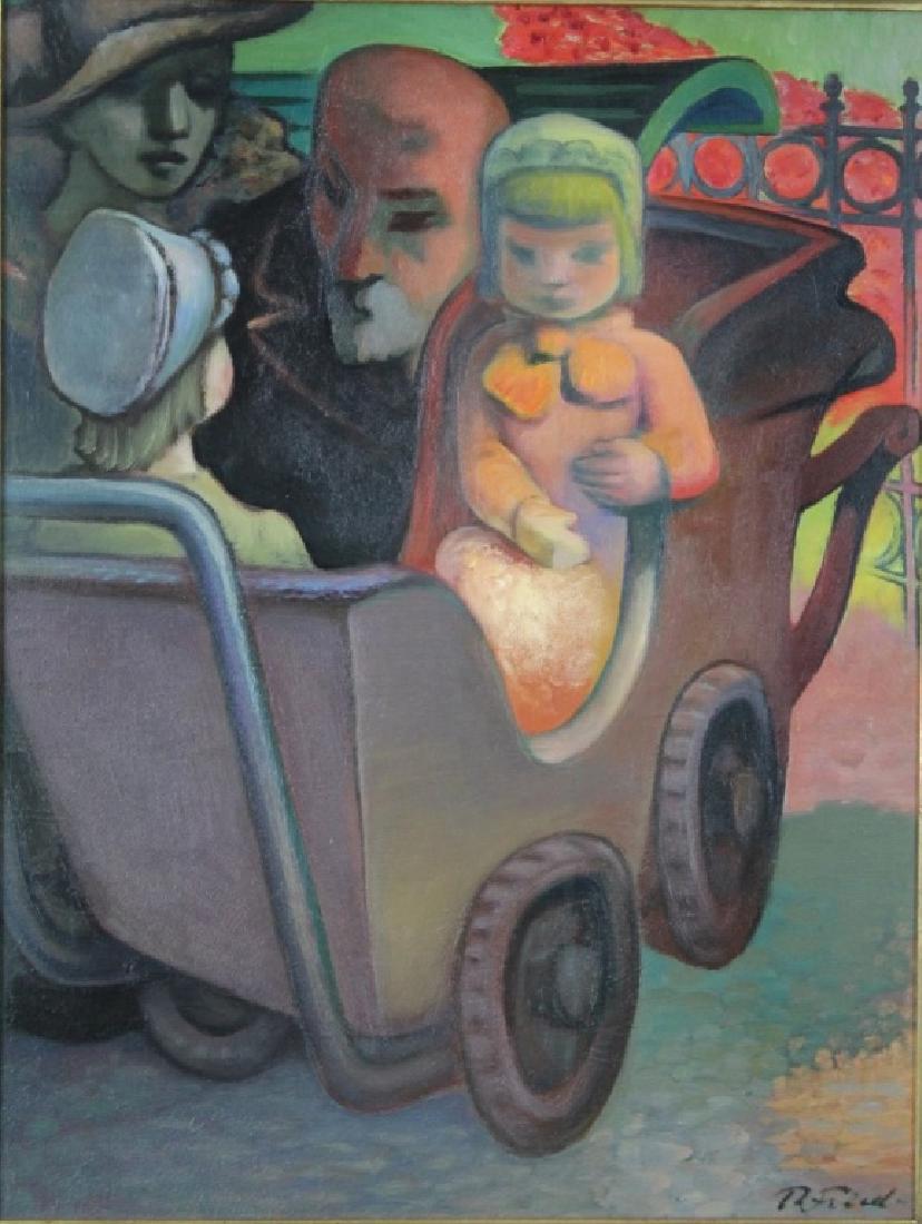 Theodore Fried: Theodore Fried (1902-1980). " The Stroller". Baby in stroller with Man and woman. Titled : "The Stroller" on Verso. Medium: Oil on Canvas. Size: 25.5" x13.5". Signature: SLR