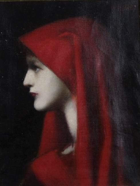 Jean Jacques Henner: Jean Jacques Henner (1829-19065). Lady in Red. Side portrait of lady in red hood. Medium: Oil on Canvas. Size: 10.5" X 14". Signature: SUR