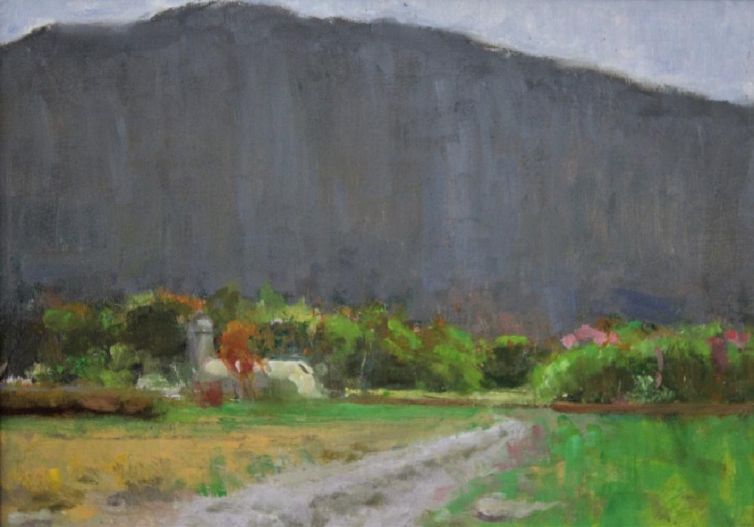 Harry Barton: Harry Barton (1908-2001). Road to the Farm. Road leading to a farm with trees and mountains in the background. Medium: Oil on Masonite. Size: 10" X 14". Signature: Estate stamp on back