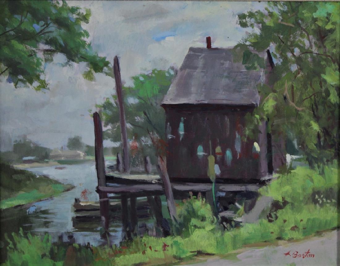 Harry Barton: Harry Barton (1908-2001). "Paddy"s Inlet". Camp with piers , person in boat , and house in the background. Medium: Oil on Masonite. Size: 11" X 14". Signature: SLR