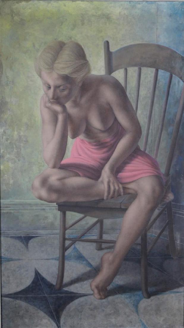 Michael Martin: Michael Martin. The Thinker. Young woman sitting in chair half nude. Medium: Oil on Canvas. Size: 38" X 32". Signature: SLR