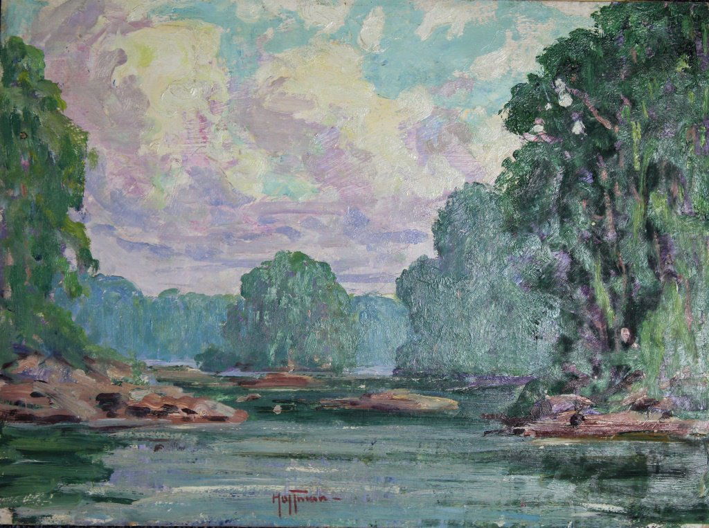 Harry Leslie Hoffman: Harry Leslie Hoffman (1871/1874-1964).The Cayuni River in British Guiana . Medium: Oil on Board. Size: 12 X 16. Signature: middle and estate stamp on back.