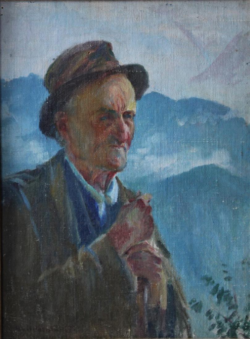 Howard Logan Hildebrandt (1872-1958): Howard Logn Hildebrandt. Mountain country living. Older man taking in the view in mountain country.. Framed. Medium: Oil on Board. Size: 12" X 16". Signature: SLL