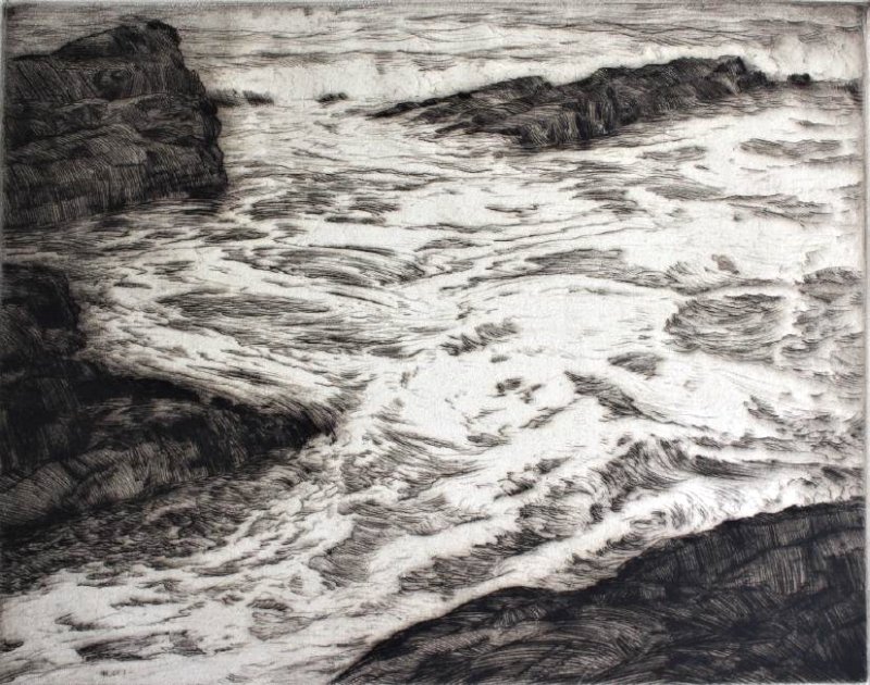 Robert Hogg Nisbet (1879-1961): Robert Hogg Nibet. "Patterus". Waves crashing on rocks. Signed in pencil also, inscribed. American Artists Professional League American Watercolor Society, Painters in Watercolor Art Students League, 