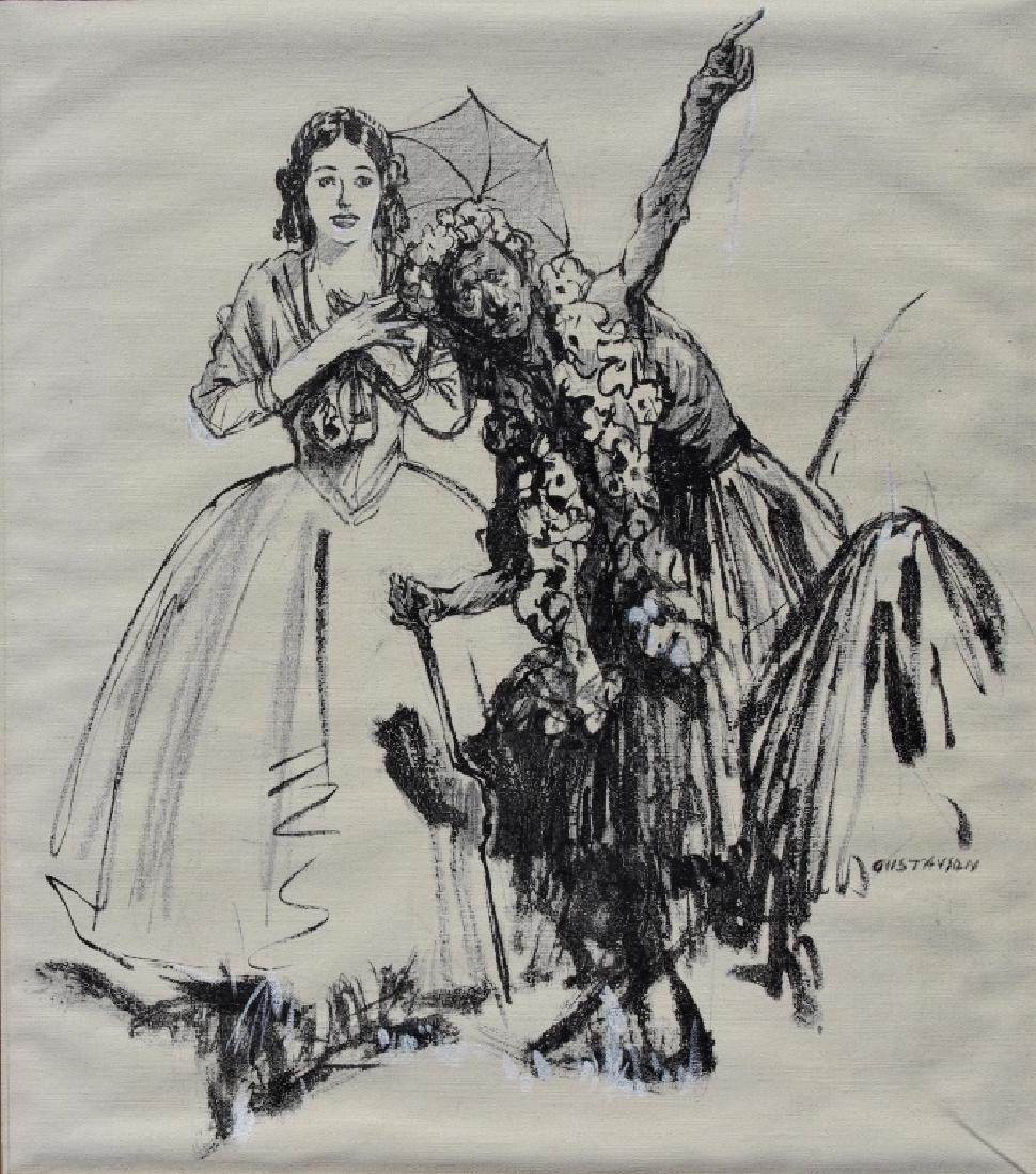 Leland Gustavson (American 1894-1966) Illustrator: Leland Gustavson. The meeting. Native helping the Southern Belle. Drawing is on window shade. Leland R. Gustavson was active/lived in New York, Illinois. Leland Gustavson is known for illustrator, act