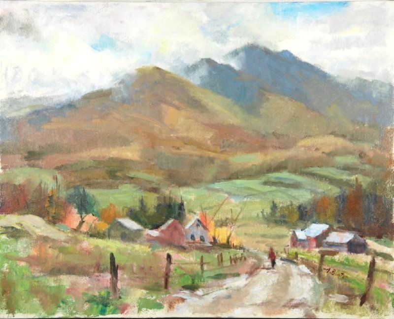 Harry Barton (1908-2001): Harry Barton. The Road home. The Road Home Estate Stamp om verso Harry Lang Barton was active/lived in New York. Harry Barton is known for illustration-book.Harry was a member of the American Artists