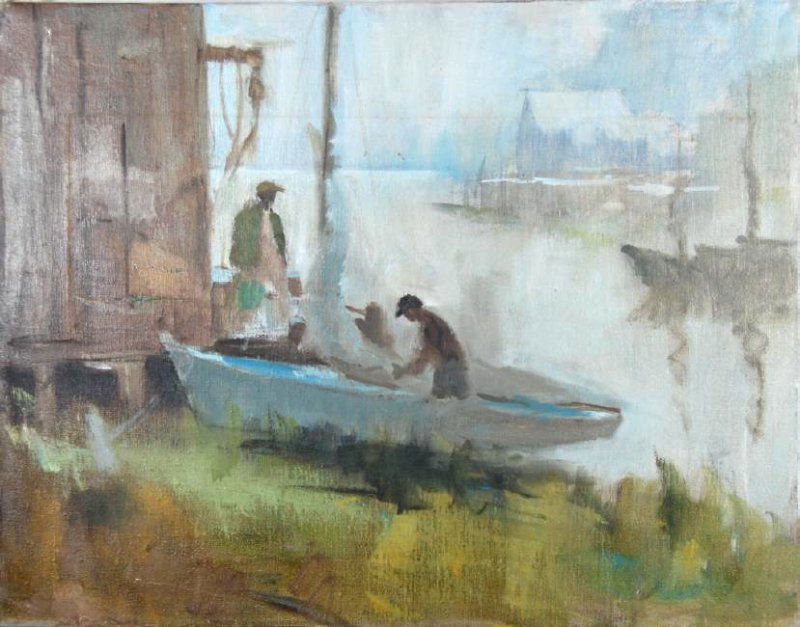 Harry Barton (1908-2001): Harry Barton. Furling the sails. Furling the Sails Estate stamp on verso Harry Lang Barton was active/lived in New York. Harry Barton is known for illustration-book.Harry was a member of the American