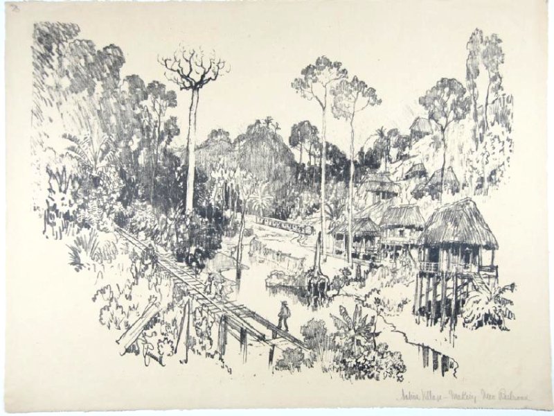 Joseph Pennell: Joseph Pennell. "Native Village- Making New Railroad"". "Native Village= Making new Road" Panama Not matted Letter- copy showing consigned by direct descendent of Robert George Lienroth who was art ma