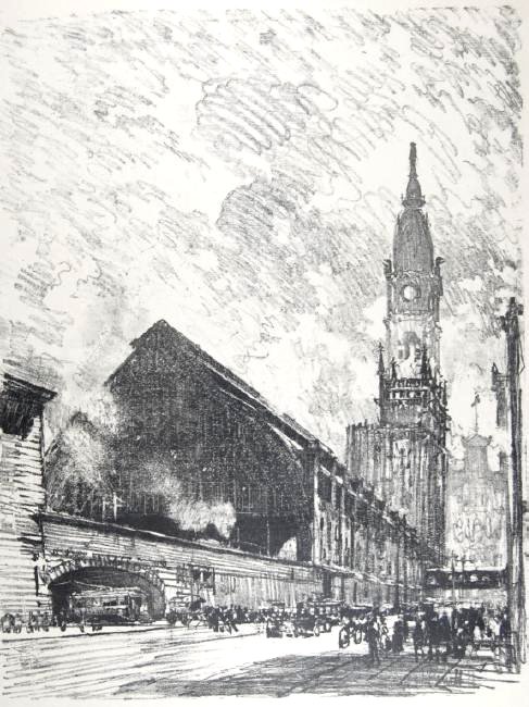 Joseph Pennell: v. Train Station. Train. Station Not matted Letter- copy showing consigned by direct descendent of Robert George Lienroth who was art manager for lithographers Ketterlinus & Company of Philadelphia.Th