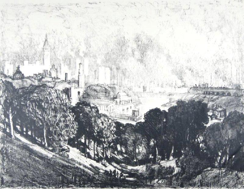 Joseph Pennell: Joseph Pennell. Skyline. Skyline Not matted Letter- copy showing consigned by direct descendent of Robert George Lienroth who was art manager for lithographers Ketterlinus & Company of Philadelphia.Th