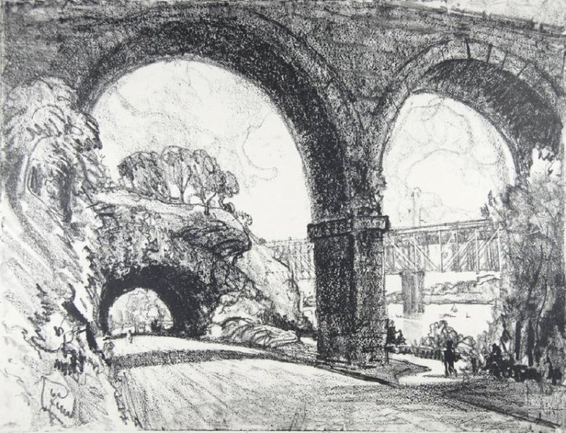 Joseph Pennell: Joseph Pennell. Under the bridge. Under The Bridge" Not matted Letter- copy showing consigned by direct descendent of Robert George Lienroth who was art manager for lithographers Ketterlinus & Company