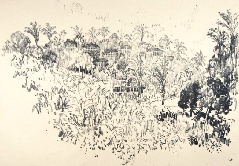 Joseph Pennell: Joseph Pennell. "The American Town". "The American Town" Panama Not matted Letter- copy showing consigned by direct descendent of Robert George Lienroth who was art manager for lithographers Ketterlin