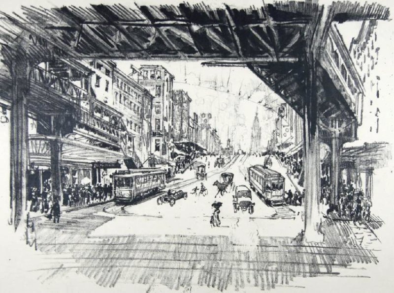 Joseph Pennell: Joseph Pennell. Busy Street scene. Busy Street Scene Not matted Letter- copy showing consigned by direct descendent of Robert George Lienroth who was art manager for lithographers Ketterlinus & Compan