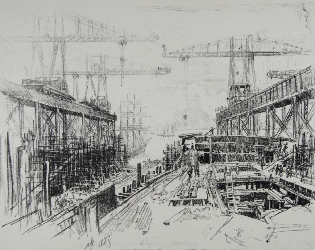 Joseph Pennell: Joseph Pennell. "Ship Yard". "Ship Yard" Not matted Letter- copy showing consigned by direct descendent of Robert George Lienroth who was art manager for lithographers Ketterlinus & Company of Philade