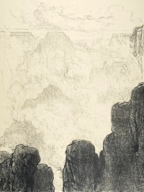 Joseph Pennell: Joseph Pennell. "Mists - Grand Canyon". "Mists- Grand Canyon" Not matted Letter- copy showing consigned by direct descendent of Robert George Lienroth who was art manager for lithographers Ketterlinus
