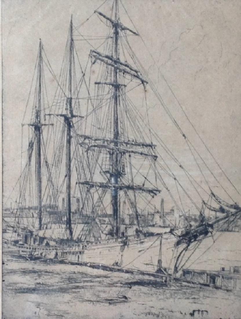 E. Herber?: E.Herber?. 3 masted Ship at Dock. 3 Master ship at dock. Framed. Medium: Etching. Size: 9.5" x7.25". Signature: SLR.