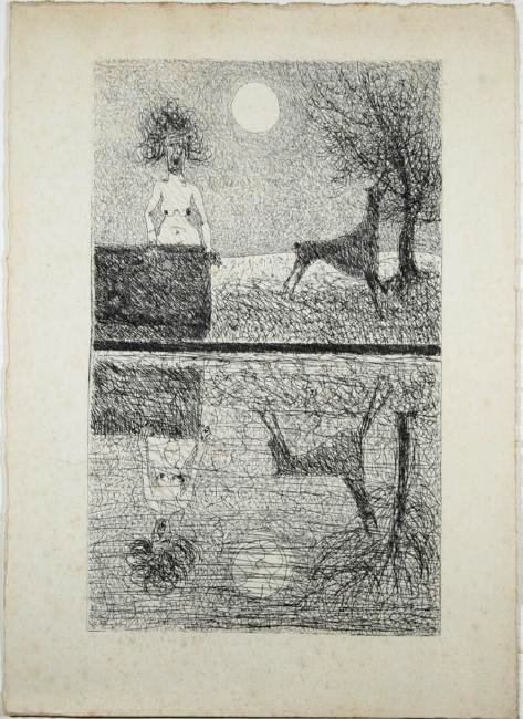 Howling at the Moon: Illegible. Howling at he Moon. Etching, Howling at the Moon, signed bottom illegible. Unframed. Medium: Etching. Size: 15.75" x 9.75". Signature: Illegible.