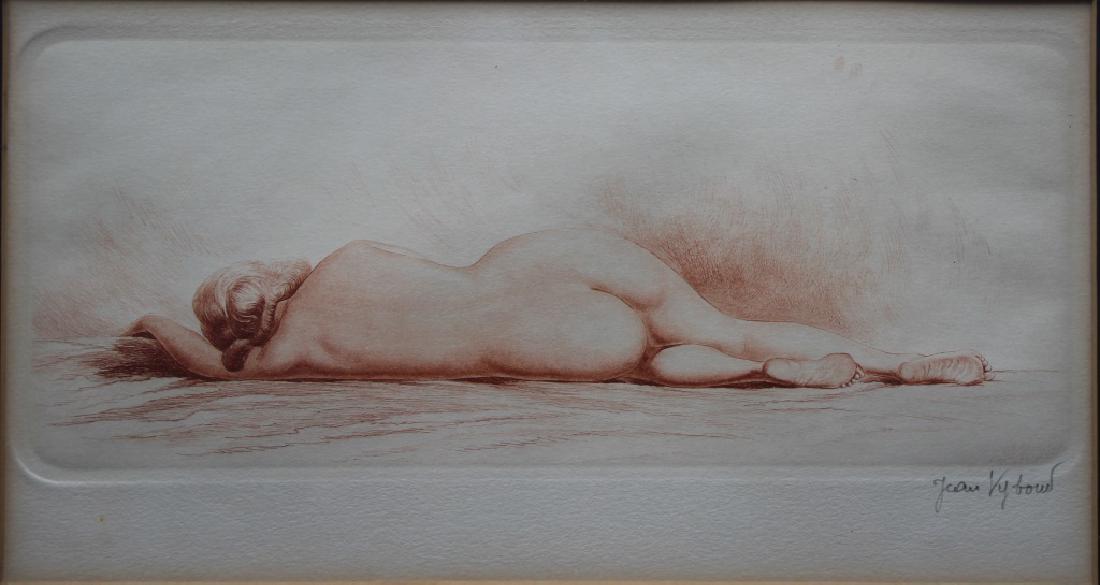 Jean Auguste Vyboud: Jean Auguste Vyboud. Reclining nude. Reclining nude. Framed. Medium: Colored Engraving. Size: 3.75" X 9". Signature: SLR.