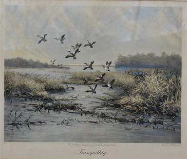 Roland Clark (Amer. 1874-1957): Roland Clark. Aquatint Frank J Lowe "1942" copyright. Title: Tranquility. Framed. Medium: Print. Size: 14 X 18.25. Signature: SLR. Artist: Roland Clark