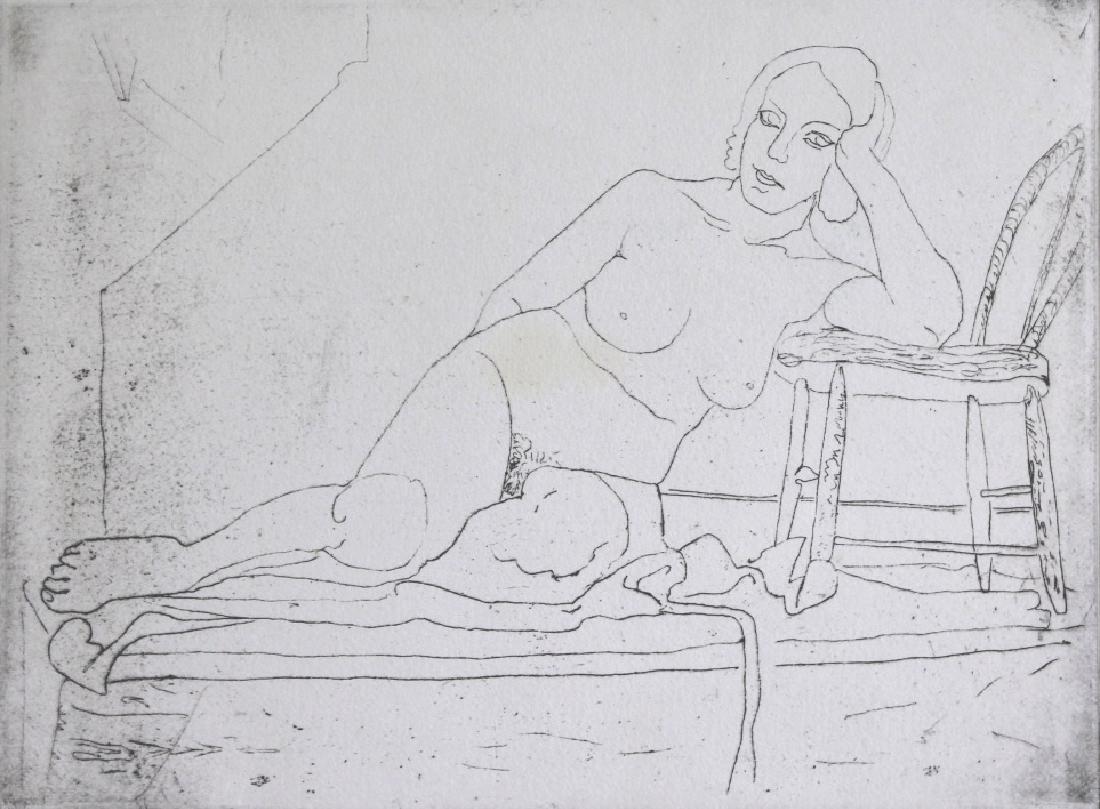 Nude woman: Nude woman reclining against a chair. . Title: The Nude. Medium: Etching. Size: 5.75" X 8". Signature: Illegible. Artist: illegible. Matted.