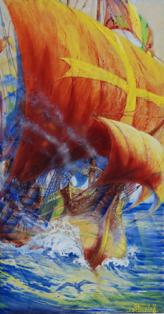 Sternloff: Ship illustration, billowing sails, colorful active sea scene not matted . Title: Ship Illustration. Medium: Gauche. Size: 17 x 9. Signature: SLR. Artist: Sternloff. Unframed.