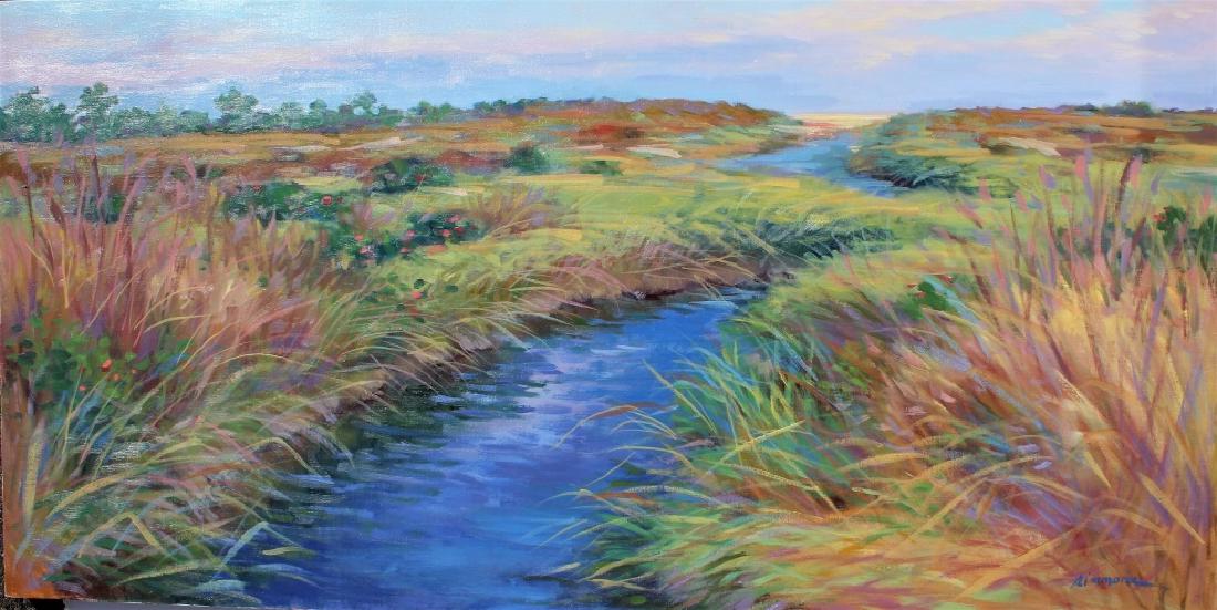 Aimmone: Marsh Scene . Title: Marsh Scene. Medium: Oil on Canvas. Signature: SLR. Artist: Aimone. 21 X 42 Unframed.