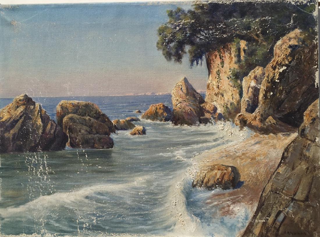 Arthur Polzer Hoditz: Coastline scene with water,rocks, and trees . Title: Australia coastline. Medium: Oil on Canvas. Size: 21.75 X 29.25. Signature: SLR. Artist: Arthur Polzer-hoditz. Unframed.