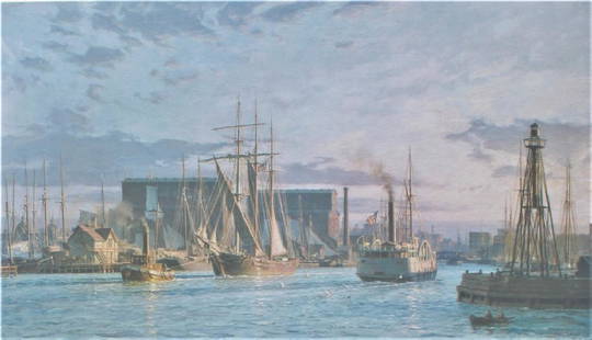 John Stobart (1912): The entrance to Chicago River, looking west in 1876. Number 355/750. Plenty of activity on this water scene. Title: Chicago. Medium: Print. Size: 32 X 32.5. Signature: SLR. Artist: John Stobart. 