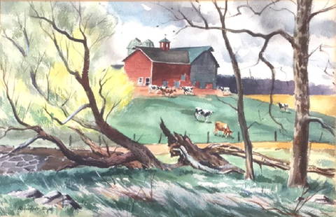 Ranulph Bye (1916 - 2003): Red Barn with cows. Title: The Broken Willow. Medium: Watercolor. Size: 13.25 X 21.25. Signature: SLL. Artist: Ranulph Bye. Framed.