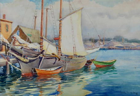 Fannie Woodruff: Working Harbor scene with sail boat drying the main sail. Fishing dories tied up beside the two masted sloop. Fannie Woodruff was active/lived in Massachusetts. Title: Drying the sail at the wharf.