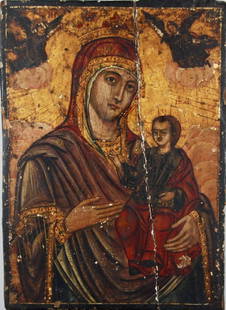 Madonna and Child, religious icon: Angeles above in both corners Board split. Title: Modonna and Child. Medium: Oil on Board. Size: 14.75 x 10.5. Signature: Unsigned. Artist: Unknown. Unframed.