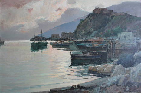 Mario Maresca: Evening sky over coastal Italian fishing village. Title: The Harbor. Medium: Oil on Canvas. Size: 24 x 36. Signature: SLR. Artist: Mario Maresca. Framed.