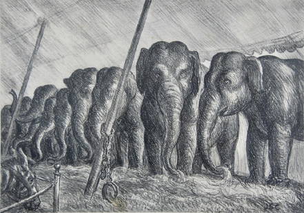 John Steuart Curry: Nine elephants eating hay under the big circus. Titled : "Elephants" 1936 Outer frame measurement: 16 X 20. Title: "Elephants" 1936. Medium: Lithograph. Size: 9.75 x 13.25. Signature: SLR. Artist: Joh