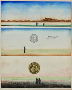 Saul Steinberg: 1971 dated, Watercolor , ink stamps and embossed foil / Paper " For Barbara - Saul Dec 71" written on front. Title: untitled. Medium: Watercolor. Size: 13 x10.75. Signature: SUR. Artist: Saul