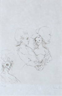 Leonor Fini: Etching signed by Leonor Fini and numbered 108/150. Title: The Secret Admirer. Medium: Etching. Size: 9 X 6.5. Signature: SLR. Artist: Leonor Fini. Framed.