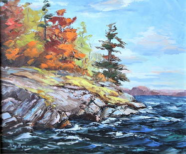 Kay Bowman: Rocky shoreline at Grassy Point and Georgia Bay. White capped waves hitting the rocky shore in Autumn. Title: Grasy Point, Muskoka. Medium: Oil on Board. Size: 10 X 12. Signature: SLL. Artist: Kay