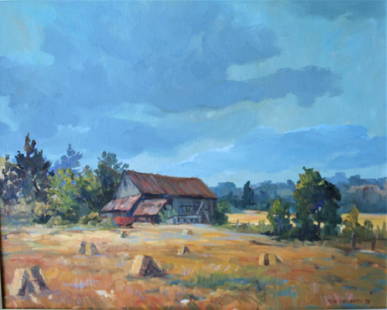 Ron Leonard: Farm with trees ,haystacks and cloudy sky signed and dated 1978. Title: Hay Meadow. Medium: Oil on Canvas. Size: 24 X 30. Signature: SLR. Artist: Ron Leonard. Framed.