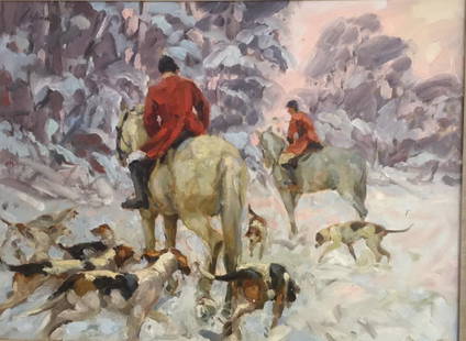 Betty Schlemm (born 1934): 2 hunters on horseback with a pack of hunting dogs (Beagles) on a snowy day. Title: The Hunt. Medium: Oil on Canvas. Size: 18 X 24. Signature: SUL. Artist: Betty Schlemm (born 1934). Framed.