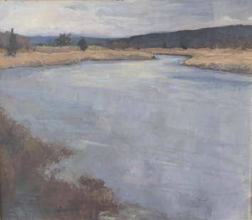 Eric Jacobsen: River scene New England. Title: Flowing river. Medium: Oil on Canvas. Size: 26 X 30. Signature: SLR. Artist: Eric Jacobsen. Framed.