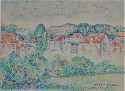 Jean Lareuse: Houses with red roofs . Title: European Red Roofs. Medium: Watercolor. Size: 17.25 x 23.5. Signature: SLR. Artist: Jean Lareuse. Framed.