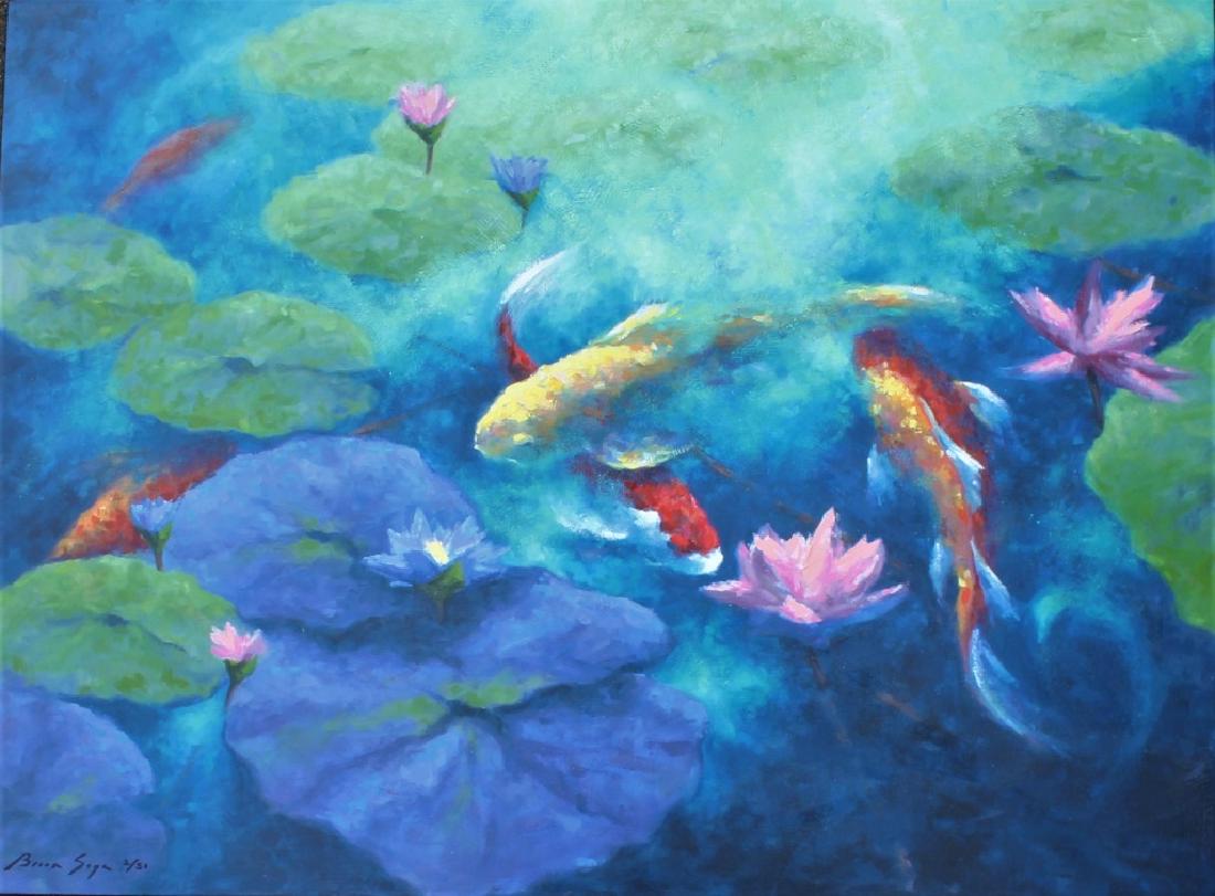 Brian Say: Water lilies 2/50 Colorful Koi fish in pond with water lilies. Title: Koi pond with lillies. Medium: Giglee. Size: 30 X 40. Signature: SLL. Artist: Brain Say. Unframed.