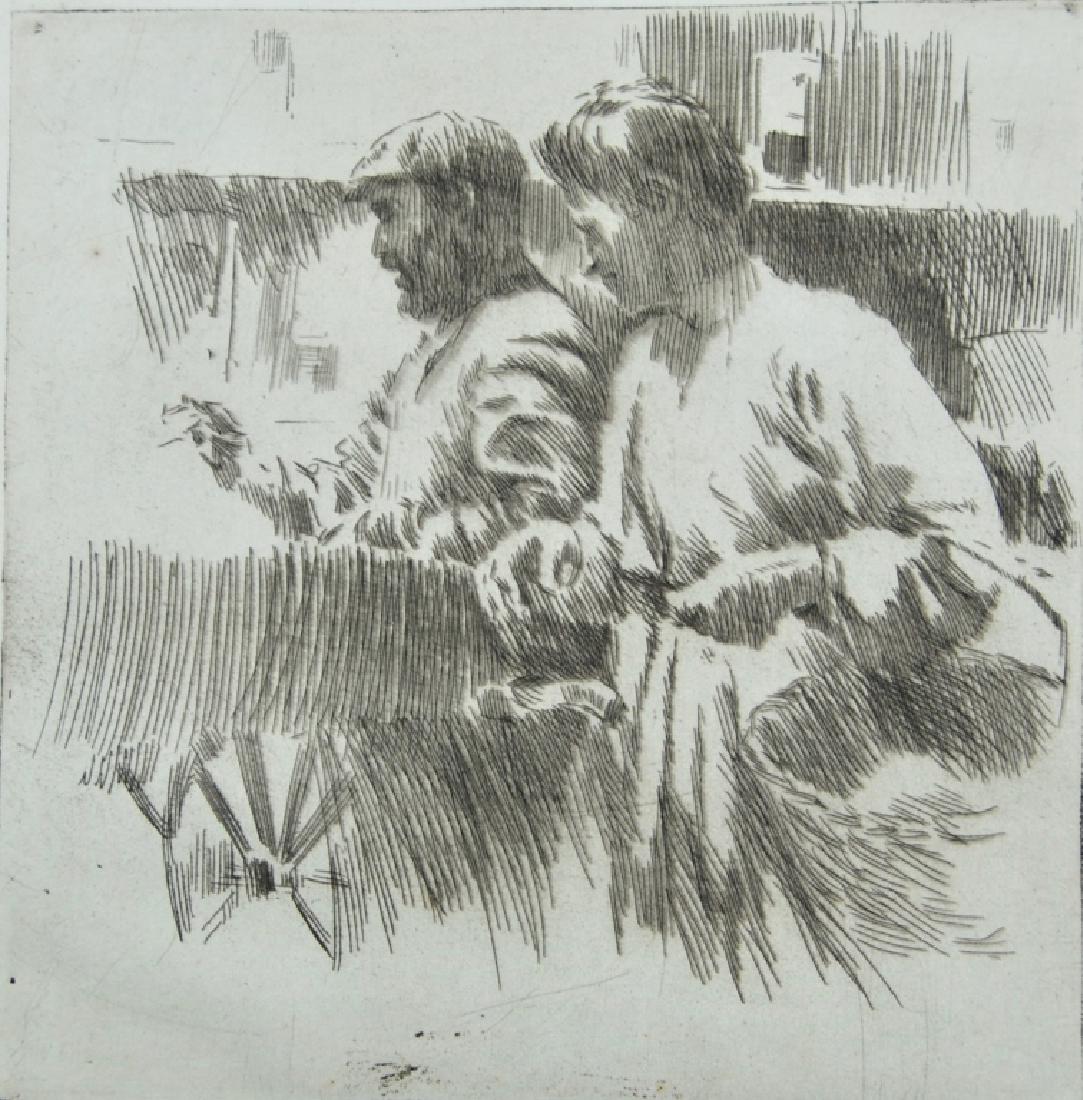 A. A. Blum: Titled " The Market" woman with basket looking over the produce. Outer paper edge measurement: 11.25 x 9.75 not matted. Title: "The Market". Medium: Etching. Size: 7.5 x 7.25. Signature: SLR. Artist: 