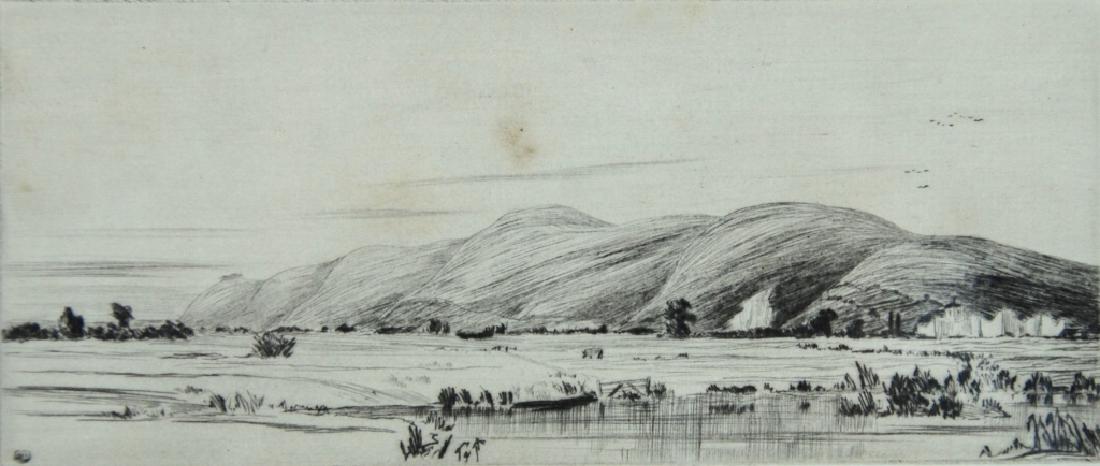 A J F Bond: Hillside with fort. Title: The Fort. Medium: Etching. Size: 3 X 7. Signature: SLL. Artist: AJ Bond. Framed.