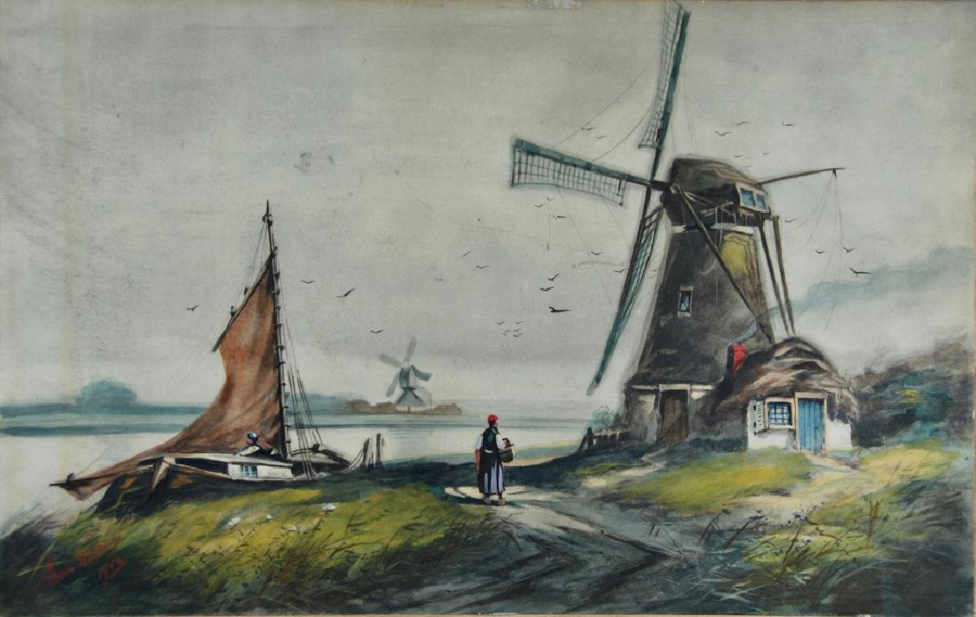 Frans: Beautiful watercolor and gouache dated 1903. Title: Hollan. Medium: Watercolor. Size: 12.75 X 20. Signature: Illegible. Artist: Frans ??. Framed.
