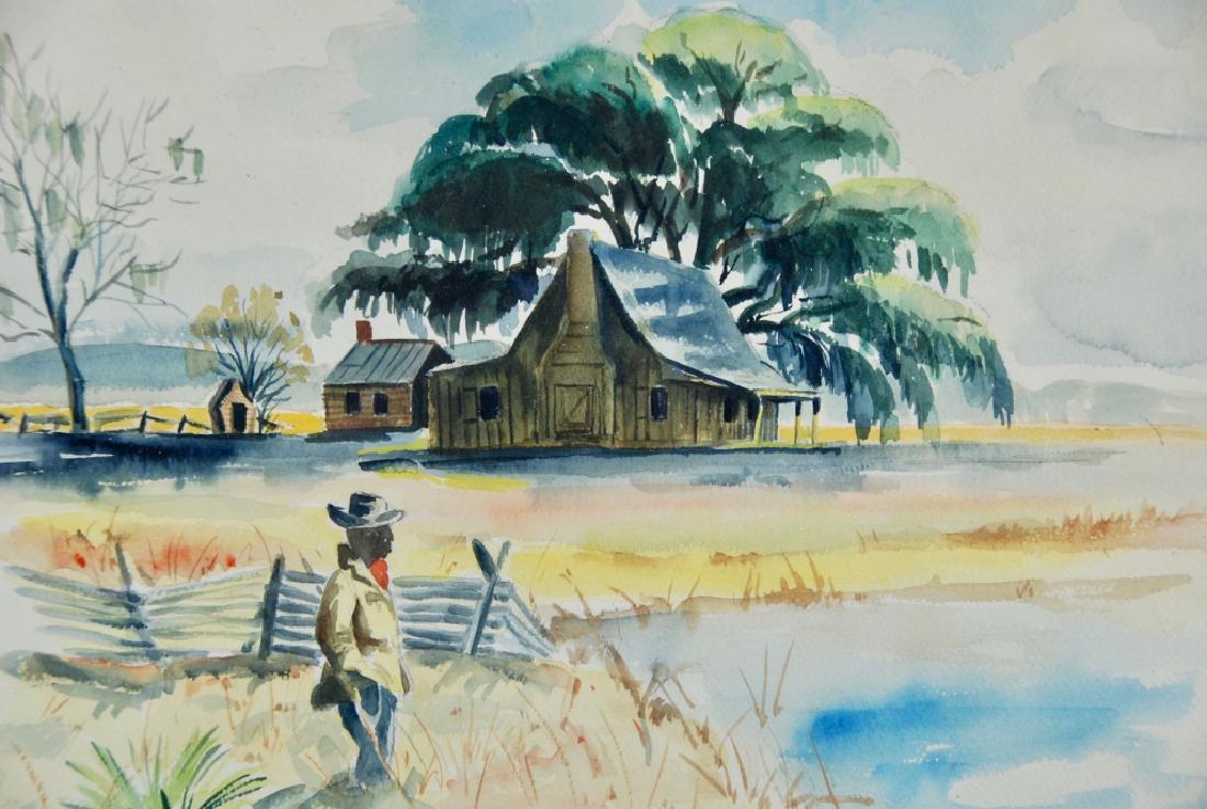Jeannie Lundbeck: Dated 1951, Spanish moss on tree, African American farmer heading to the pond Measurement frame:19.75 x 24. Title: Southern farm 1951. Medium: Watercolor. Size: 12.5 x 16.5 sight. Signature: SLR. Arti