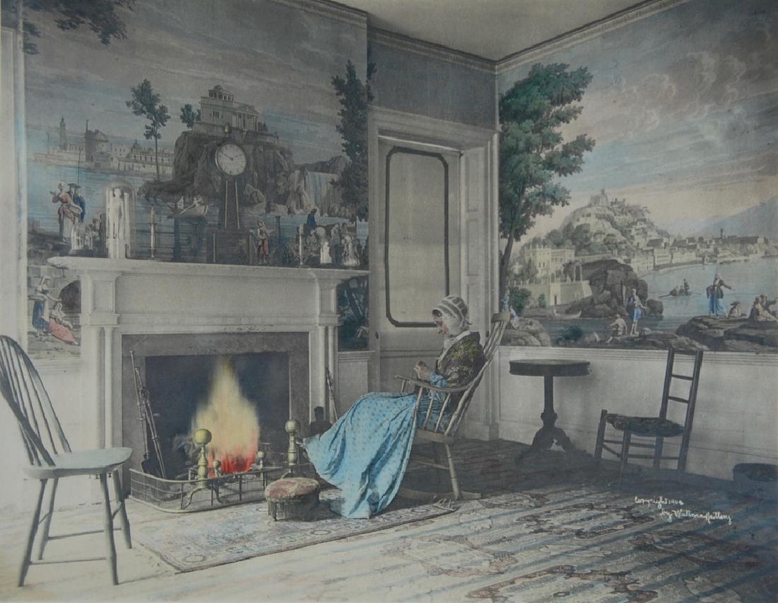 Wallace Nutting: 10.5 X 13.25 image, frame 17.5 21.5. Title: "At The Fender". Medium: Print. Size: 10.5 X 13.25. Signature: SLR. Artist: Wallace Nutting. Framed.